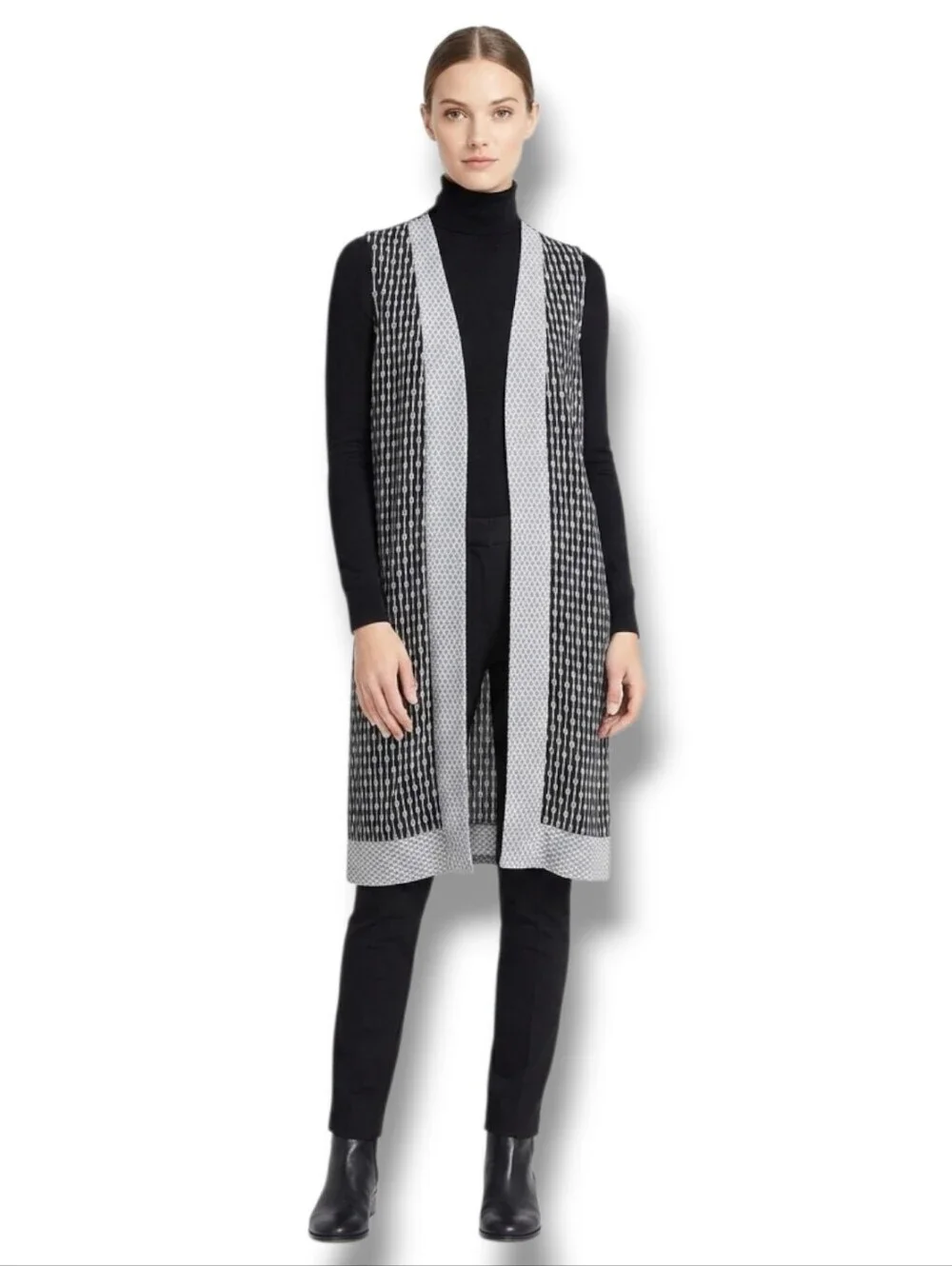 Chelsea & Theodore Women’s Black & White Geometric Open Front Long Vest – Size L